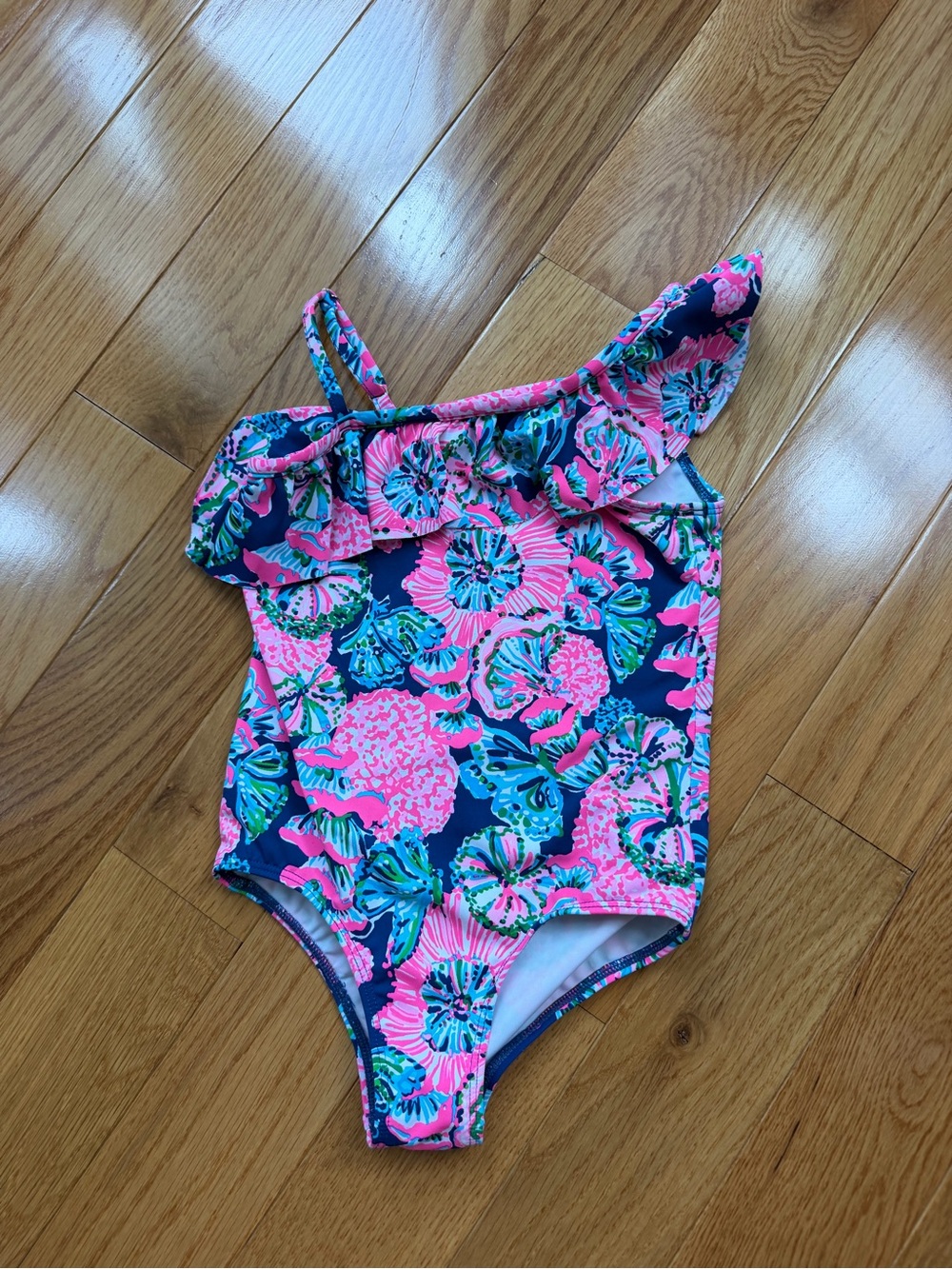 Lily Pulitzer Girls One-Shoulder Floral Swimsuit in Navy and Pink